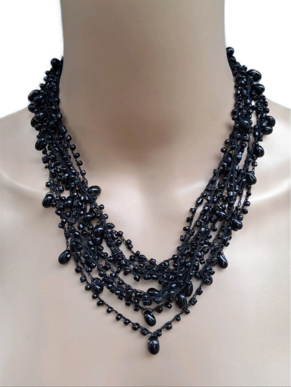 Vintage Black Multi-Strand Beaded Statement Necklace Crochet Mixed Drop Beads